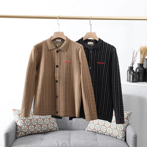 

20fw autumn men's cost classic casual striped knitted lapel cardigan jacket trendy temperament all-match male and female jacket, Black;brown