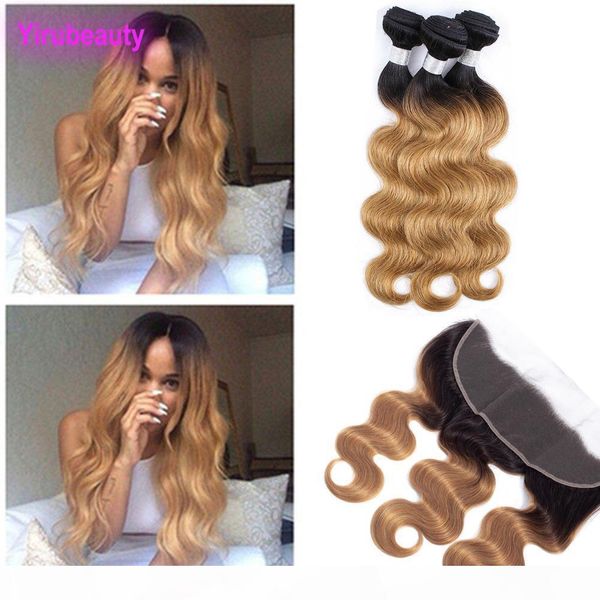 

brazilian virgin hair 1b 27 ombre human hair extensions 3 bundles with 13x4 lace frontal pre plucked body wave hair wefts with frontals, Black;brown