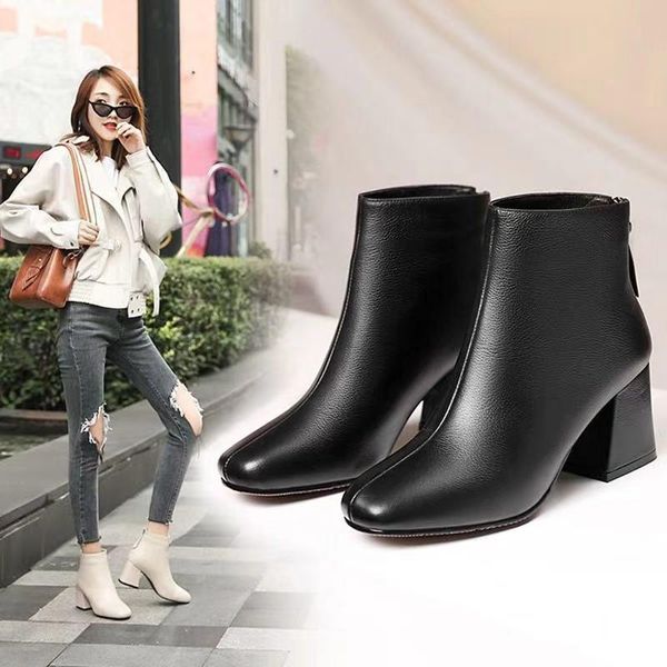 

black solid leather boots zipper ankle boots for women shoes woman square high heels round toe sewing ladies