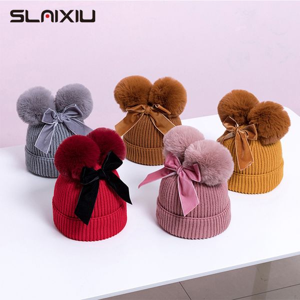 

baby hat winter knitted child thickening child baby double ball bow cute children's knitted hat autumn and new winter hat q1118, Yellow