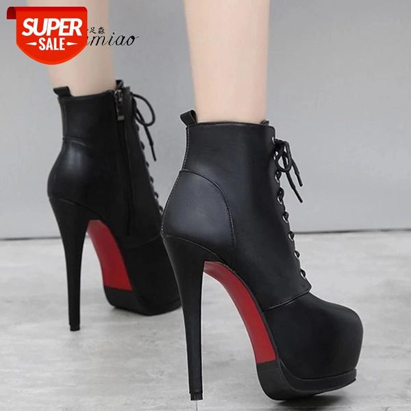 

shuzumia women's boots 2020 autumn and winter new high heels15cm side zipper waterproof platform lace-up short boots woman shoes #ev0n, Black