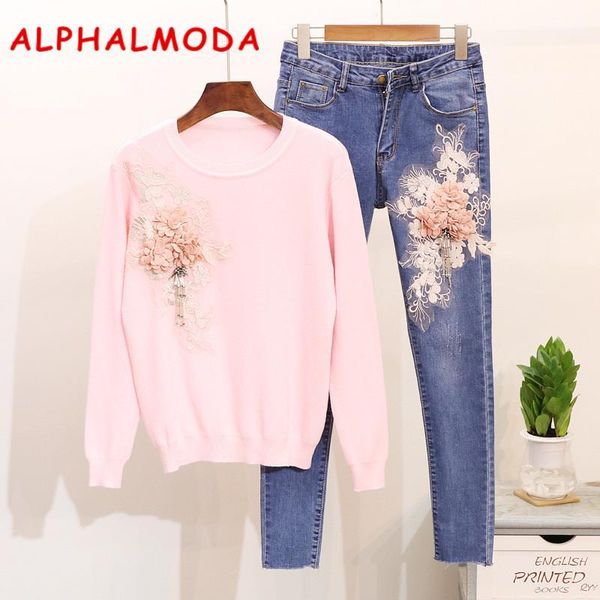 

alphalmoda european station 2018 autumn women bead embroidered 3d flowers long sleeved sweater + pencil jeans 2pcs suits1, Gray