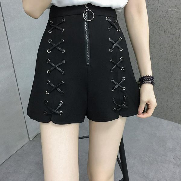 

summer new harajuku solid black bandage shorts high waist criss cross casual wide leg shorts plus size -4xl split ants1, White;black