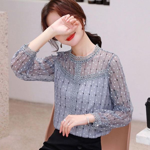

women's blouses & shirts spring autumn style mesh blouse lace hollow out polka dot o-neck long sleeve elegant casual dd8358, White