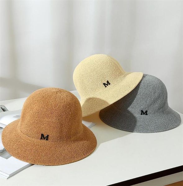 

wide brim hats wholesale summer fashion women straw hat m letter bucket female sunblock breathable fedora panama 58cm, Blue;gray