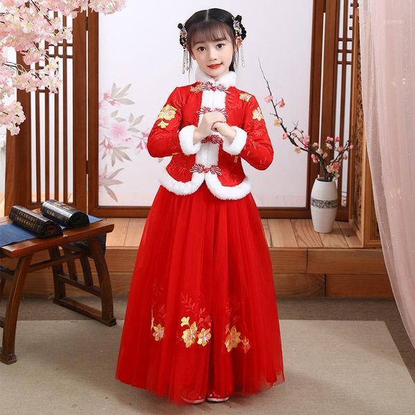 

winter girls birthday party dress think flower girl wedding gown formal kids dresses girls chinese hanfu new year's dress1, Red