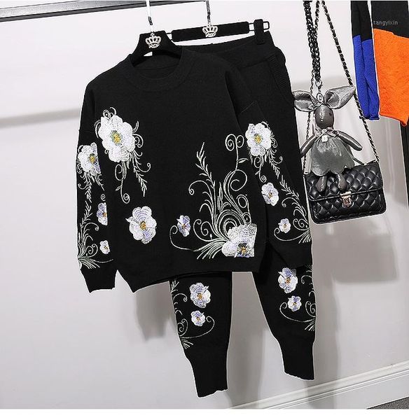 

spring autumn knitted set women embroidery flowers sweater casual long pants two piece outfits female loose knitting tracksuit1, White