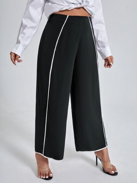 

plus contrast binding wide leg pants b1qi#, Black