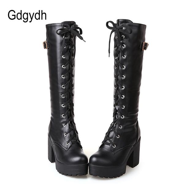 

guikellspring autumn lacing knee high boots women fashion white square heel woman leather shoes winter pu large size 43, Black
