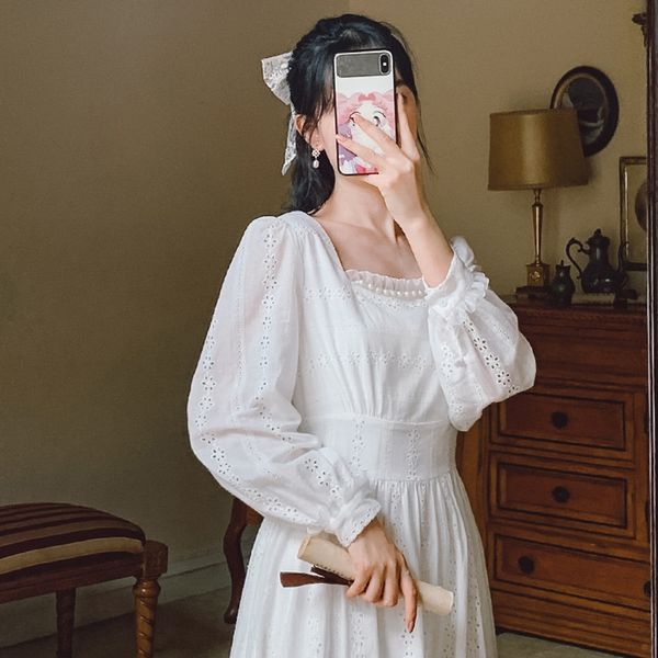 

супер фея белый квадрат шеи женщины 2020 новое платье платья весна осень французский длинный рукав sen юбка fairy kj1sx, Black;gray