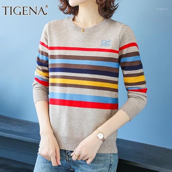 

tigena beautiful color striped pullover sweater women 2020 autumn winter korean long sleeve knitted jumper female knitwear khaki1, White;black