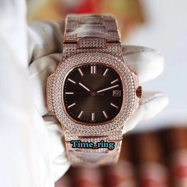 

r8 version 5711/1r-001brown date dial rose gold diamond case 9015 modified cai.324 s c automatic mechanical movement diamond strap watch, Slivery;brown