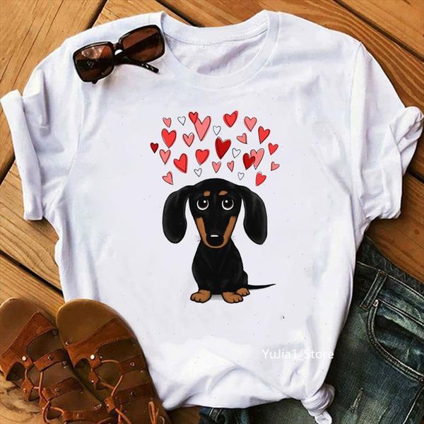 

black and tan dachshund with love print tshirts women cute wiener dog cartoon t shirt femme summer harajuku female t shirt, White