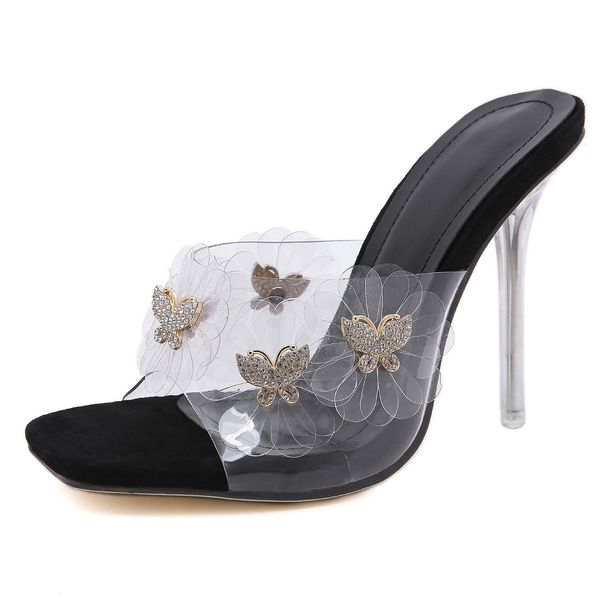 

2021 new european and american popular crystal butterfly square leap slipper women's shoes kt2t, Black