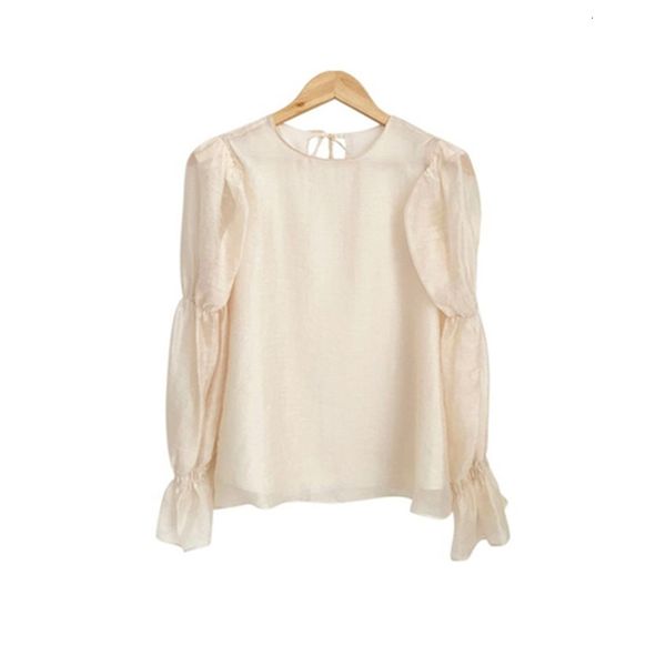 

2021 new female solid organza sweet neck-neck lantern hollow sleeves out shirts back korean style fashion spring shirt g62a, White