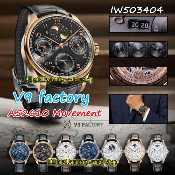 V9F Super version Вечный календарь 503404 Moon Phase Запас хода A52610 Автоматические мужские часы с черным циферблатом CNC Корпус из розового золота Спортивные часы