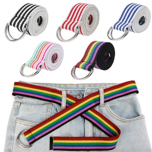 

new women waist belt metal buckle double rings stripe nylon canvas strap casual fashion waistband, Black;brown