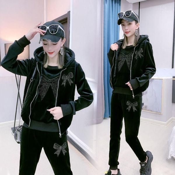 

women's tracksuits plush double-sided velvet suit autumn and winter fashion drill bow gold three piece set, Gray