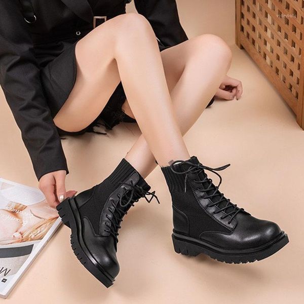

leather knitted boots women 2021 autumn winter new fashion leather boots ladies wild comfortable short womens shoes1, Black