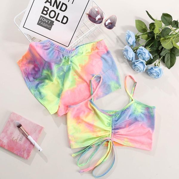 

short two piece set tie dye crop and biker shorts gradient bodycon matching sets summer sportwear clothes for women1, Gray