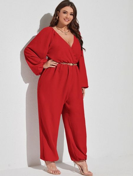 

plus tie back lantern sleeve jumpsuit without belt 29ej#, Black