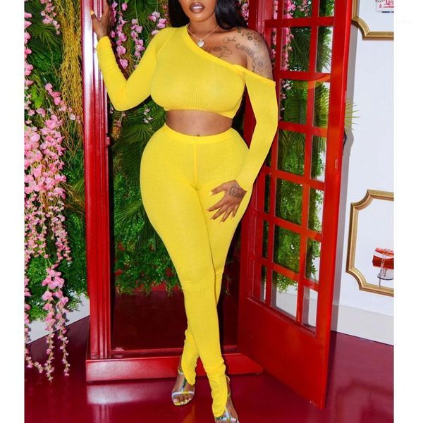 

2020 new fashion 2 two piece set women ribbed slash neck long sleeve and stacked leggings set tracksuit1, Gray