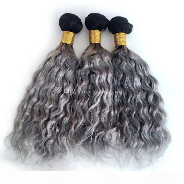 

beauty ombre color 1b grey human hair weaves two tone human hair weaves dark root water wave human hair weft 3pcs, Black