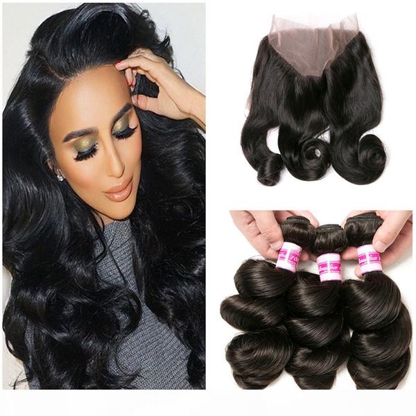 

pre plucked 360 loose wave human hair 3 bundles with lace frontal brazilian virgin unprocess hair with 22.5*4*2 full frontals 4pcs lot, Black;brown