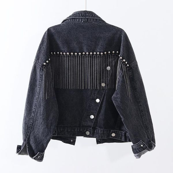 

autumn spring short denim jeans jacket women fashion tassel rivet denim coat ladies casual loose black jackets woman splice coat, Black;brown