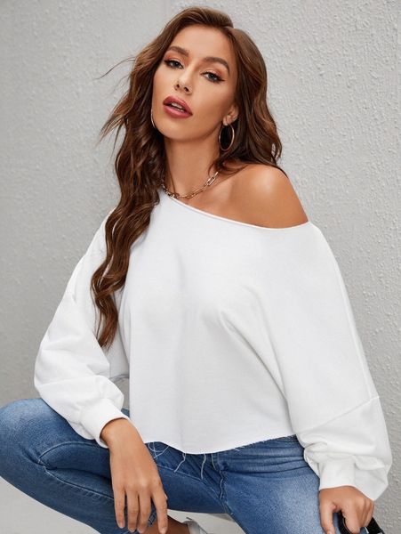 

drop shoulder lantern sleeve solid pullover p9p5#, White;black