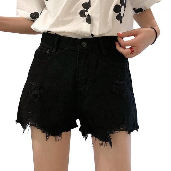 

plus size black jeans denim shorts for women summer high waist ripped shorts jeans woman loose pockets mini short1, Blue