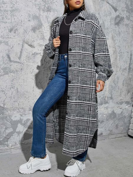 

glen plaid drop shoulder overcoat 96b1#, Black