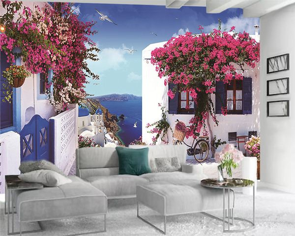 Modern Decoração Home 3D Wallpaper Romantic Mar Flores Casa Branca Romântico Flora Silk decorativa 3d Mural Wallpaper