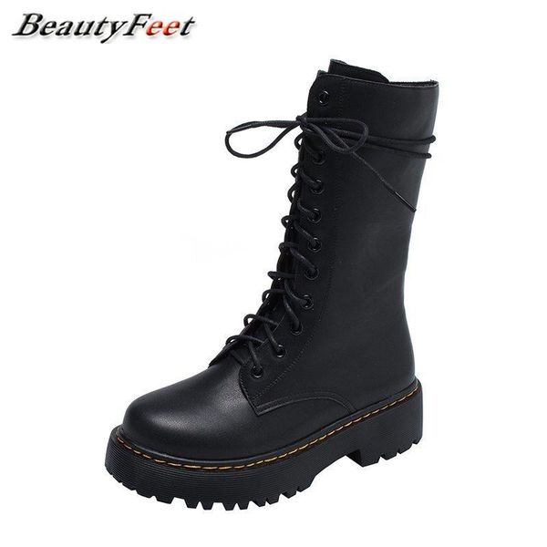 

ankle boots for women shoes woman 2020 new autumn winter boots lace up square mid heels women platform shoes plus size, Black