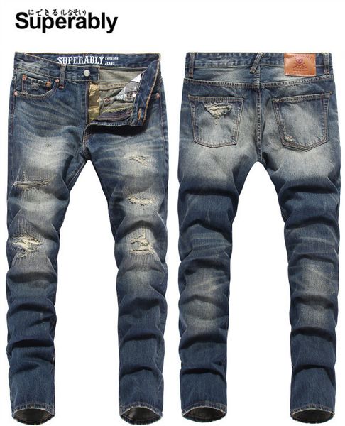 

original superably authentic trend fashion men pants jeans straight print washed holes mid waist men's trousers, Blue