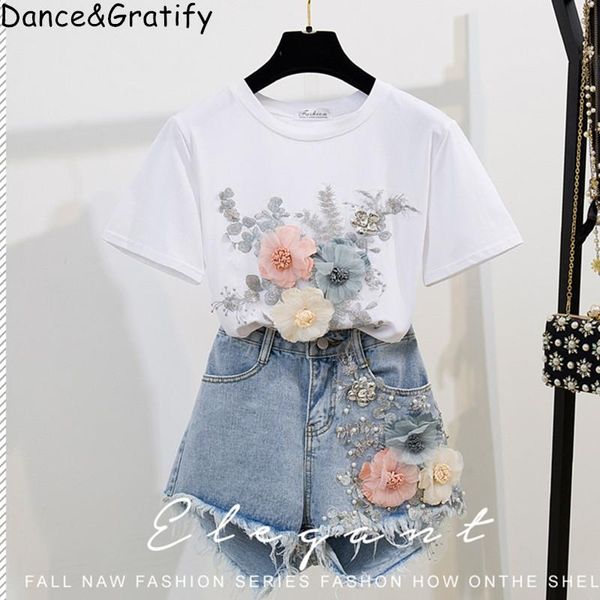 

fashion cotton t-shirt + short jeans 2 pieces sets 2020 new summer designer women's denim pants 3d flowers beading suit, White