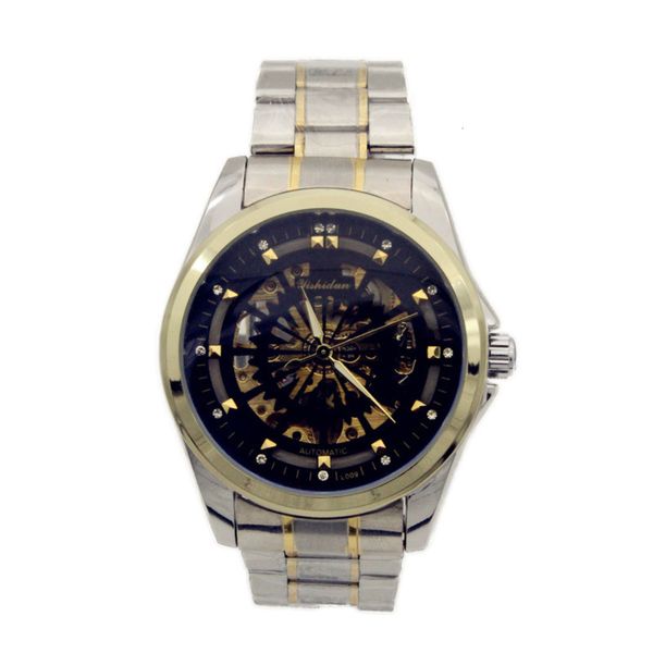 

inlaid men's mechanical watch with diamond and hollow back, Slivery;brown