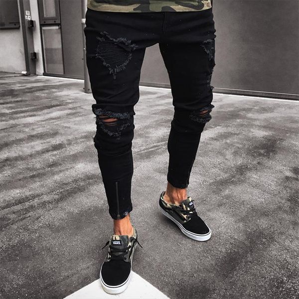 

2020 men cool designer brand jeans skinny ripped hole slim fit hip hop pants jeans trousers sweatpants streetwear, Black
