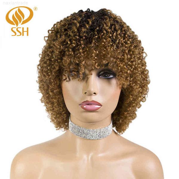 

ssh short ombre to brown brazilian remy 100% hu wigs for black women curl wig with hair bangs 12"