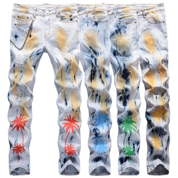 

men's jeans coconut trees printed hole denim men skinny stretch straight bleached vintage casual slim cowboy trousers male wild, Blue