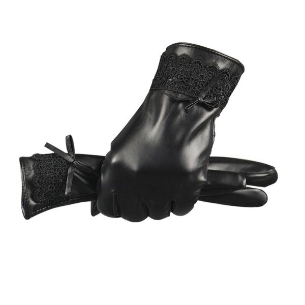 

five fingers gloves fashion women black leather autumn winter warm lace mittens and mature #25 wi, Blue;gray