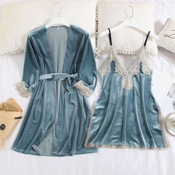 

women's sleepwear fashion women winter velour velvet robe gown set autumn kimono high split nightdress pajamas, Black;red