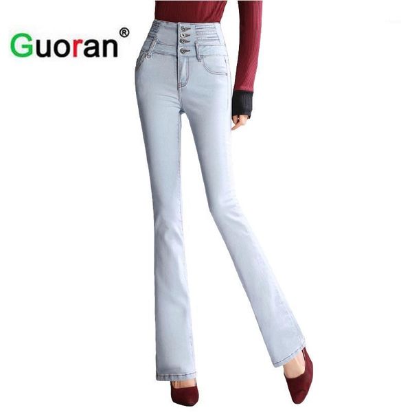

guoran} flared jeans pant women with high waist jeans female skinny plus size 26-33 white pantalones vaqueros mujer 2017 summer1, Blue
