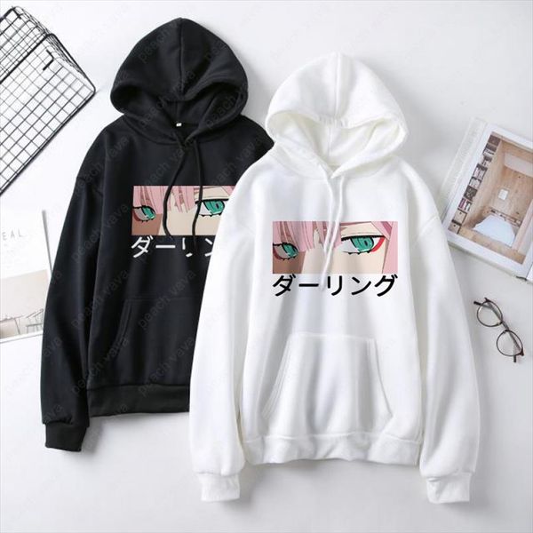 

darling in the franxx anime harajuku zero two beautiful girl print women streetwear loose chic hip hop warm hooded sweatshirt, Black
