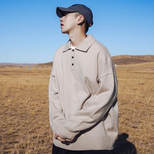 

korean lapel sweater men's warm fashion casual knitted pullover men wild loose winter knitting sweaters mens clothes -2xl, White;black