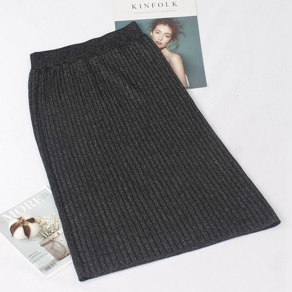 

2021 new glitter high waist women knitted spring autumn fashion rib elegant midi female casual skirt ni2w, Black