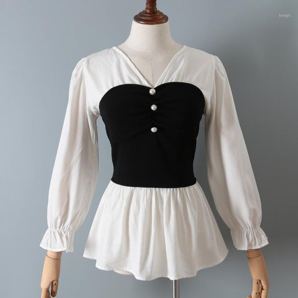 

autumn blouse v-neck stitching fake two pieces of small fragrance style slim slimming fashion design french skirt trend 09101, White