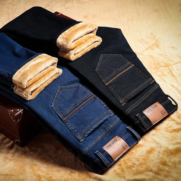 

high-end flannel fleece thick warm men's winter jeans classic brand clothing youth fashion fit straight denim jeans size 28-42, Blue