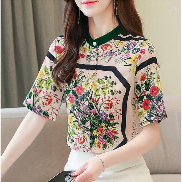 

vintage print women blouses short sleeve stand collar korean chiffon blouse women shirts loose plus size blusas mujer1, White