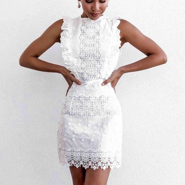 

summer embroidered cutout lace stitching sleeveless ruffles dress women's beach party dress robe hip white for lady1, Black;gray